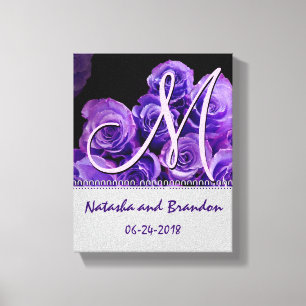 Monogram Bride and Groom with Purple Roses Canvas Print