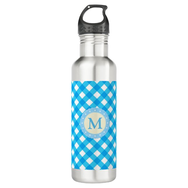 Monogram Bright Blue Gingham Pattern 710 Ml Water Bottle (Front)