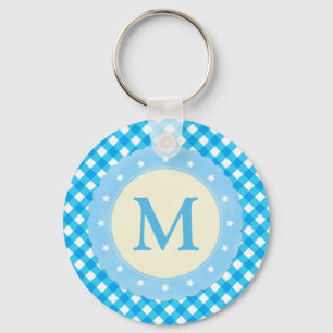 Monogram Bright Blue Gingham Pattern Keychain