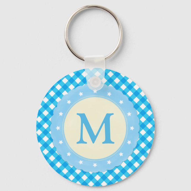 Monogram Bright Blue Gingham Pattern Keychain (Front)