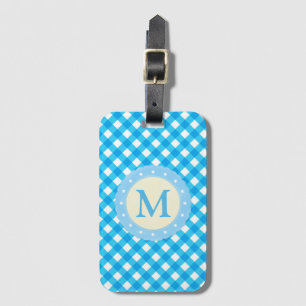 Monogram Bright Blue Gingham Pattern Luggage Tag