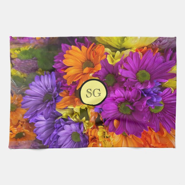 Monogram Bright Floral Dish Cloth Hand Towel (Horizontal)