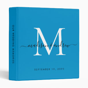 Monogram Bright Ocean Blue Script Wedding Album Binder
