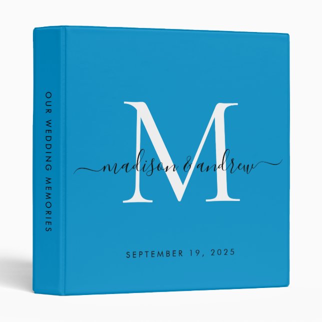 Monogram Bright Ocean Blue Script Wedding Album Binder (Front/Spine)