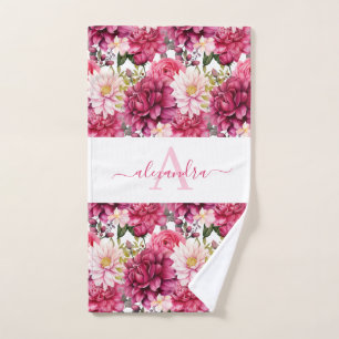 Monogram Bright Pink Floral Elegant Towel Set