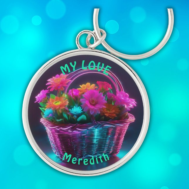 Monogram Brightly Coloured Flowers in a Basket | Keychain (Creator Uploaded)