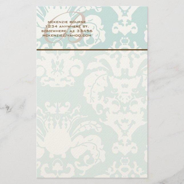 Monogram Brown & Aqua Blue Stationery (Front)