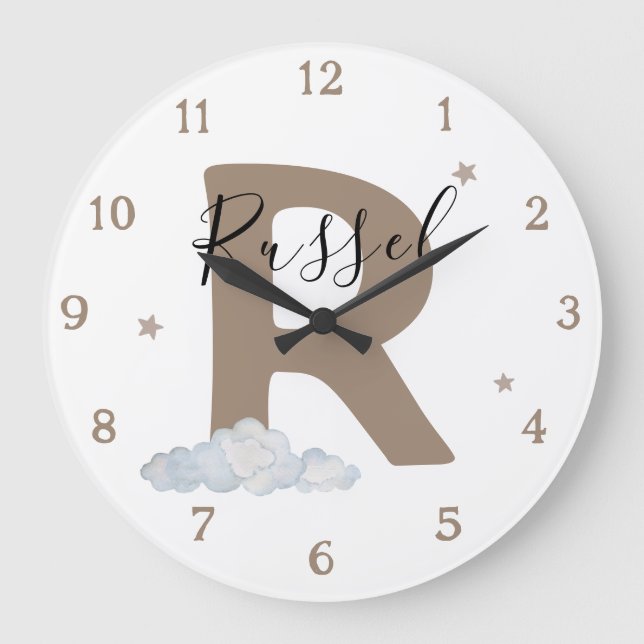 Monogram Brown Baby Initial Name Nursery Wall Large Clock (Front)