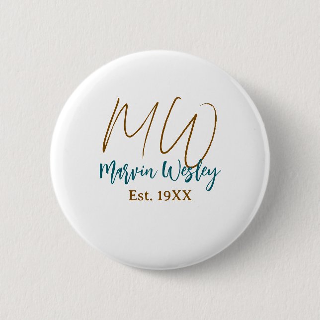 Monogram brown blue turquoise est.year simple mini 2 inch round button (Front)
