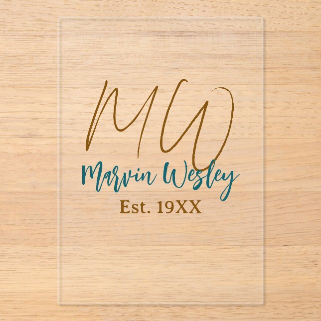 Monogram brown blue turquoise est.year simple mini acrylic invitations (Front)