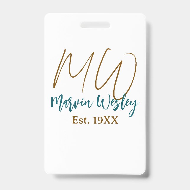 Monogram brown blue turquoise est.year simple mini badge (Front)
