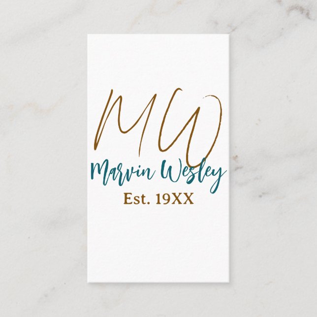 Monogram brown blue turquoise est.year simple mini business card (Front)