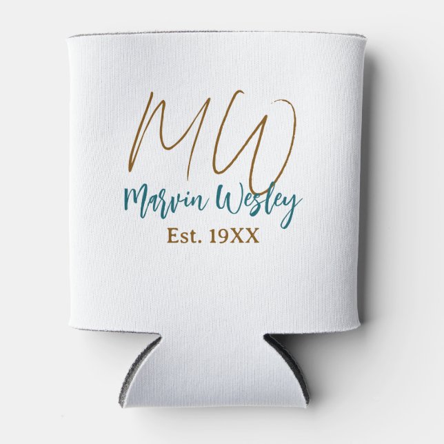 Monogram brown blue turquoise est.year simple mini can cooler (Front)