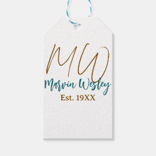 Monogram brown blue turquoise est.year simple mini gift tags