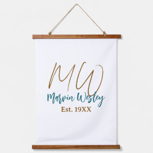 Monogram brown blue turquoise est.year simple mini hanging tapestry