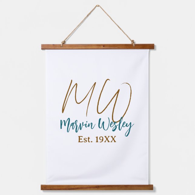 Monogram brown blue turquoise est.year simple mini hanging tapestry (Front)