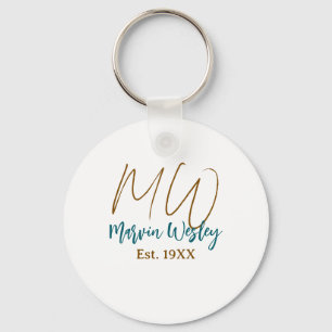 Monogram brown blue turquoise est.year simple mini keychain