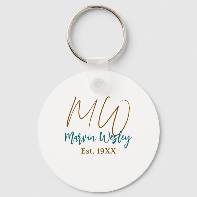Monogram brown blue turquoise est.year simple mini keychain (Front)