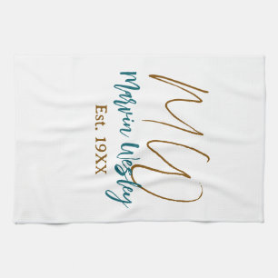 Monogram brown blue turquoise est.year simple mini kitchen towel