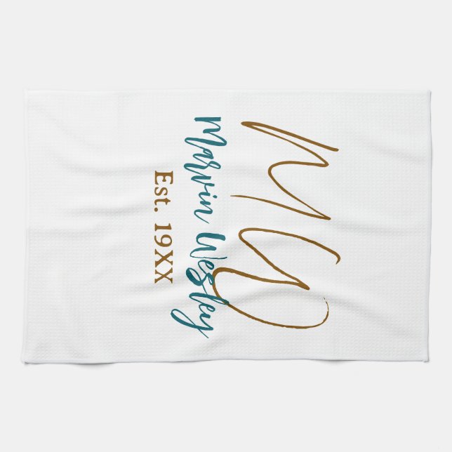 Monogram brown blue turquoise est.year simple mini kitchen towel (Horizontal)