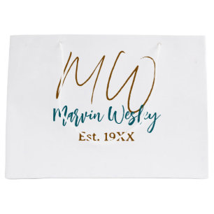 Monogram brown blue turquoise est.year simple mini large gift bag