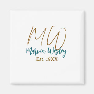 Monogram brown blue turquoise est.year simple mini magnet