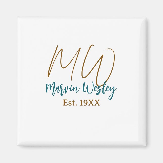 Monogram brown blue turquoise est.year simple mini magnet (Front)