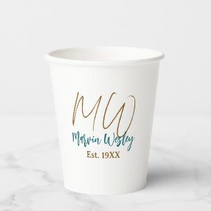 Monogram brown blue turquoise est.year simple mini paper cups