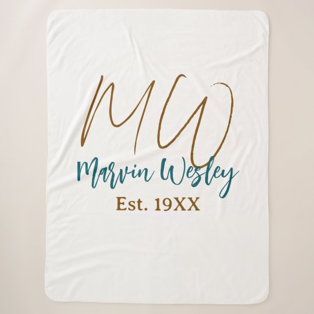 Monogram brown blue turquoise est.year simple mini sherpa blanket (Front)