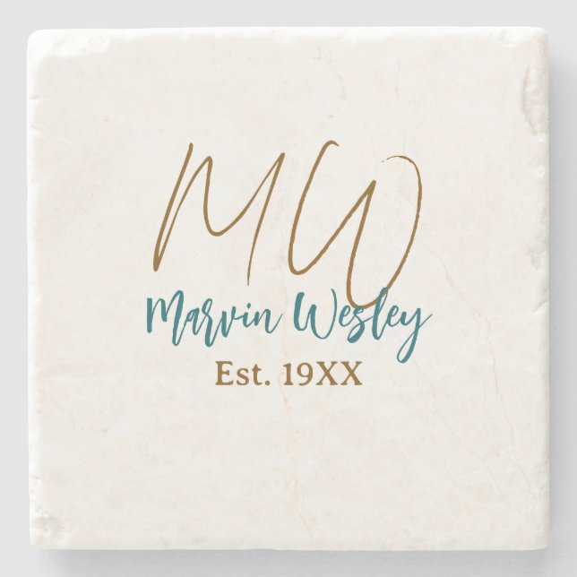 Monogram brown blue turquoise est.year simple mini stone coaster (Front)