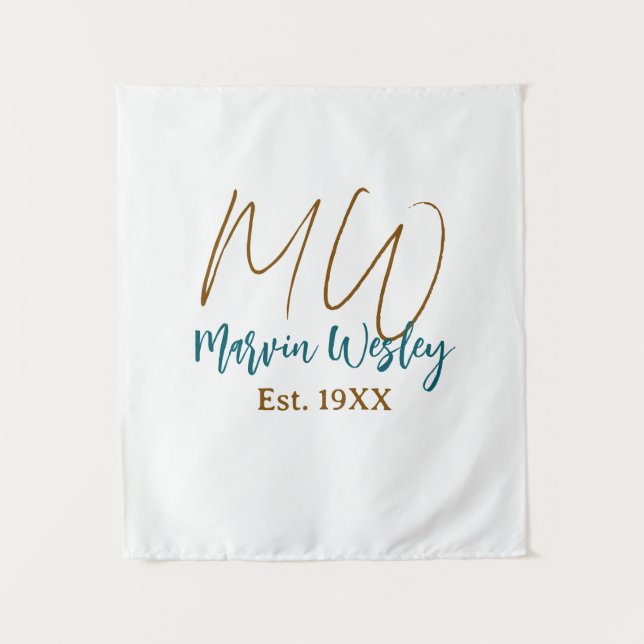 Monogram brown blue turquoise est.year simple mini tapestry (Front)