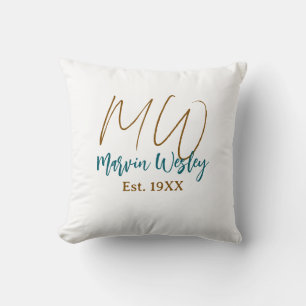 Monogram brown blue turquoise est.year simple mini throw pillow