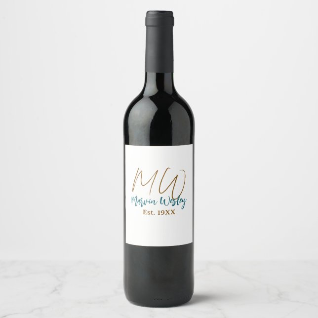 Monogram brown blue turquoise est.year simple mini wine label (Front)