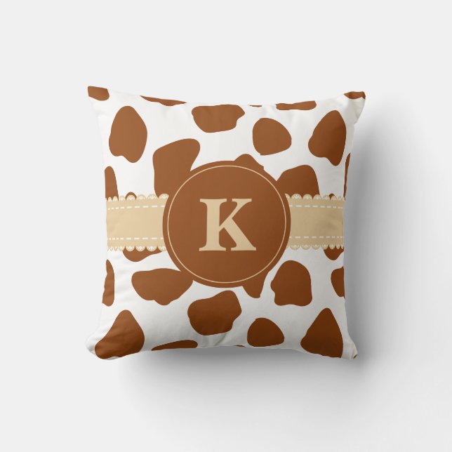 Monogram Brown Cow Print Throw Pillow (Front)