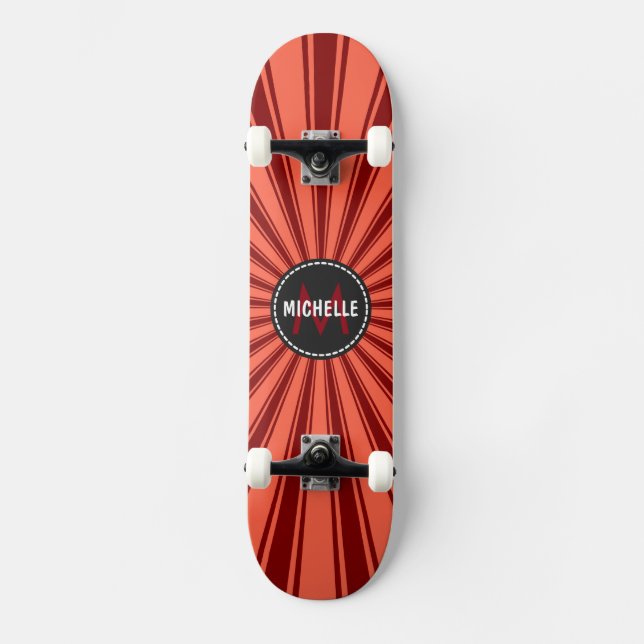 Monogram Brown Funky Sun Rays Pattern Skateboard (Front)