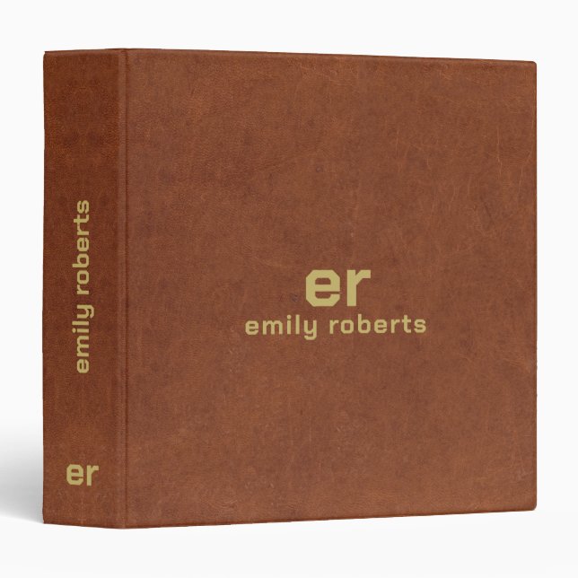 Monogram Brown Leather Gold Typography Binder (Front/Spine)