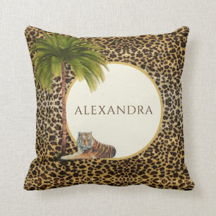 Monogram Brown Leopard Pattern  Elegant Palm Throw Pillow