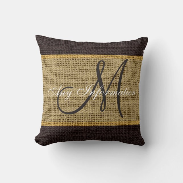 Monogram Brown Rustic Burlap Jute Throw Pillow (Front)