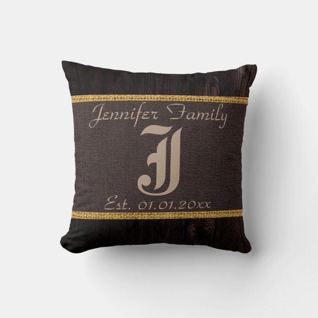 Monogram Brown Rustic Burlap Linen Wood Look Throw Pillow (Front)