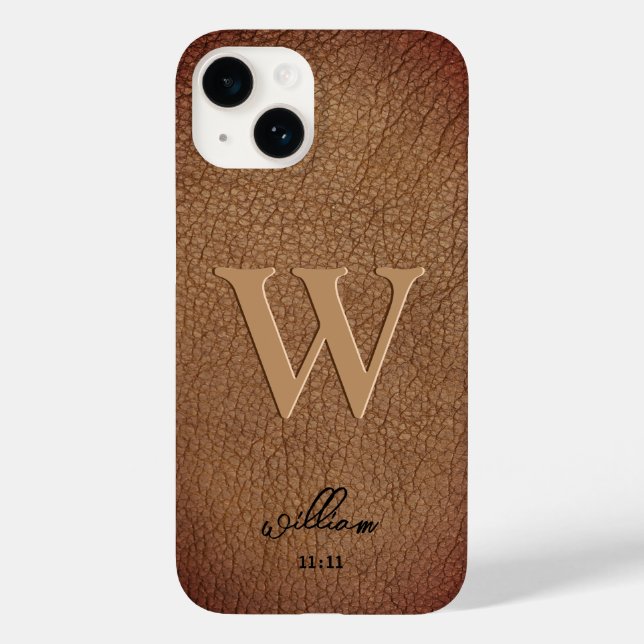 Monogram Brown Rustic Leather stylish script name Case-Mate iPhone Case (Back)