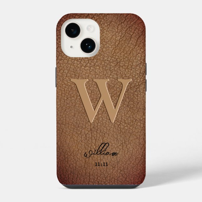 Monogram Brown Rustic Leather stylish script name iPhone Case (Back)