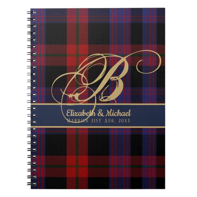 Monogram BROWN Tartan Blue Red Newlyweds Wedding Notebook (Front)