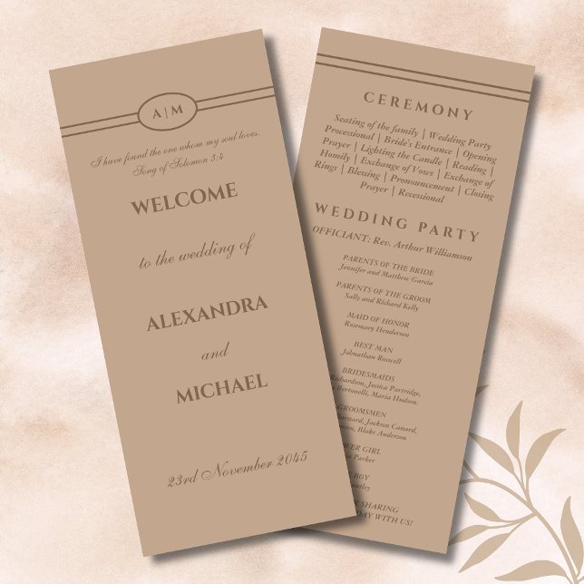 Monogram Brown Taupe Christian Wedding Program (Creator Uploaded)