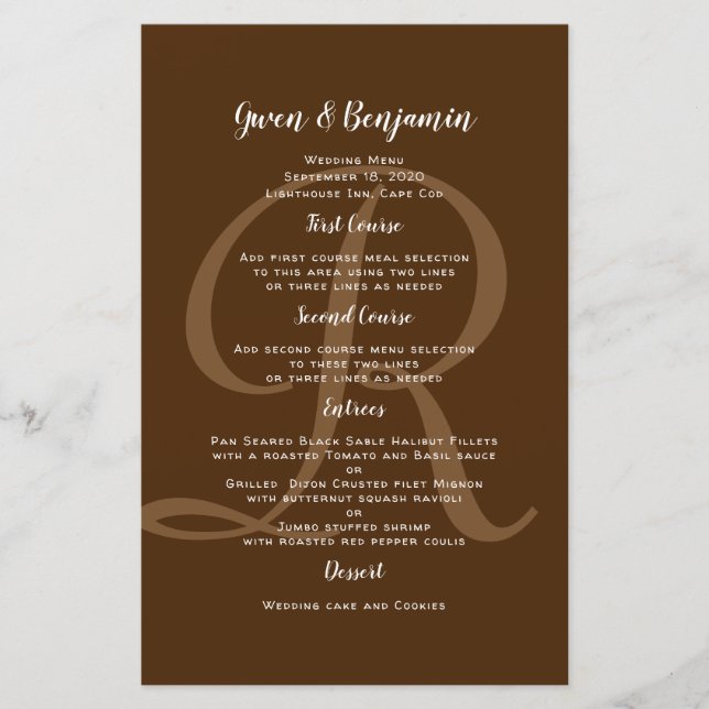 Monogram Brown Wedding Entree Menu Template (Front)
