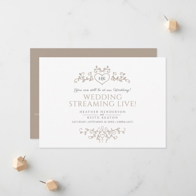 Monogram brown white leaf wedding live streaming announcement (Front/Back In Situ)