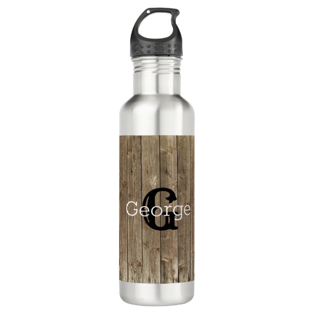Monogram Brown Wood Handsome Personalized 710 Ml Water Bottle (Front)