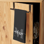 Monogram Brush Calligraphy Black Kitchen Towel<br><div class="desc">Bold serif monogram combined with brush handwritten calligraphy.</div>