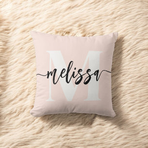 Monogram Brush Calligraphy Blush Pink Throw Pillow