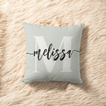 Monogram Brush Calligraphy Sage Green Throw Pillow<br><div class="desc">Bold serif monogram combined with brush handwritten calligraphy.</div>