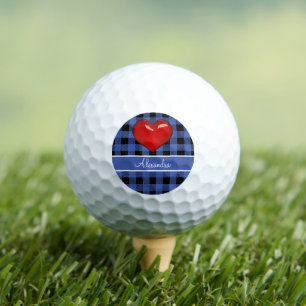 Monogram Buffalo Plaid Black Blue red heart Golf Balls